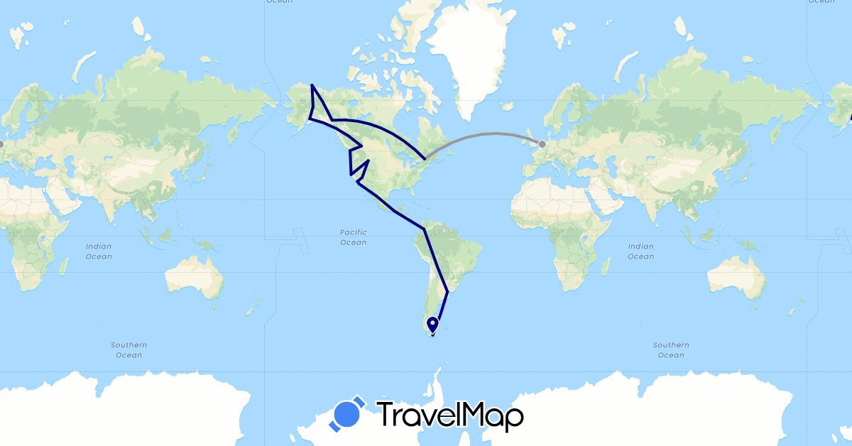 TravelMap itinerary: driving, plane in Argentina, Canada, Colombia, Mexico, Netherlands, United States (Europe, North America, South America)